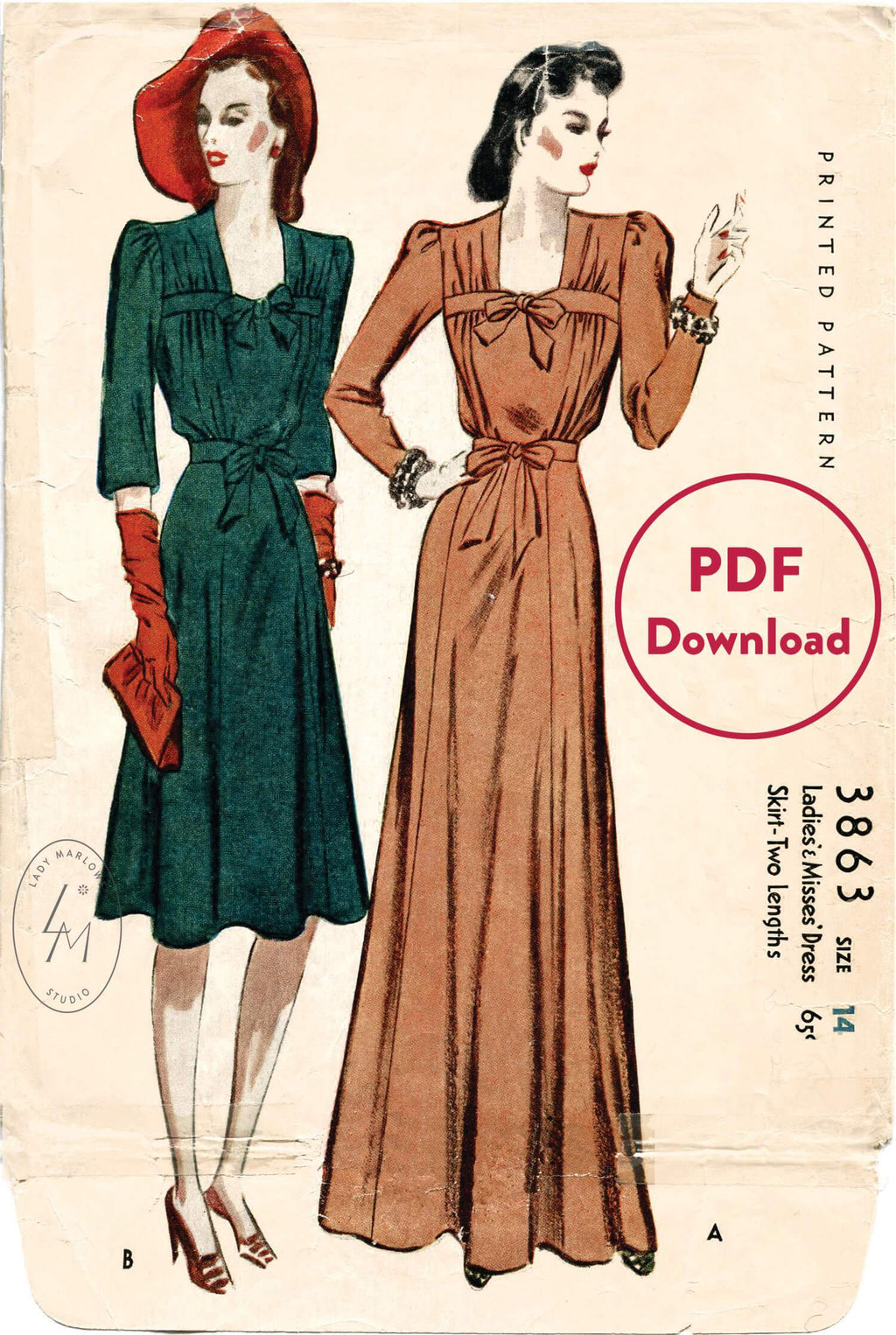 McCall 3863 1940s vintage sewing pattern 1940 40s dress evening gown PDF download