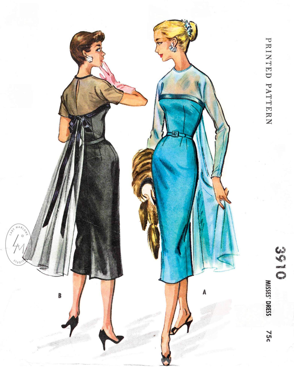 1950s 1956 cocktail party dress McCall's 3910 wiggle dress hourglass fit draped back panel vintage sewing pattern reproduction