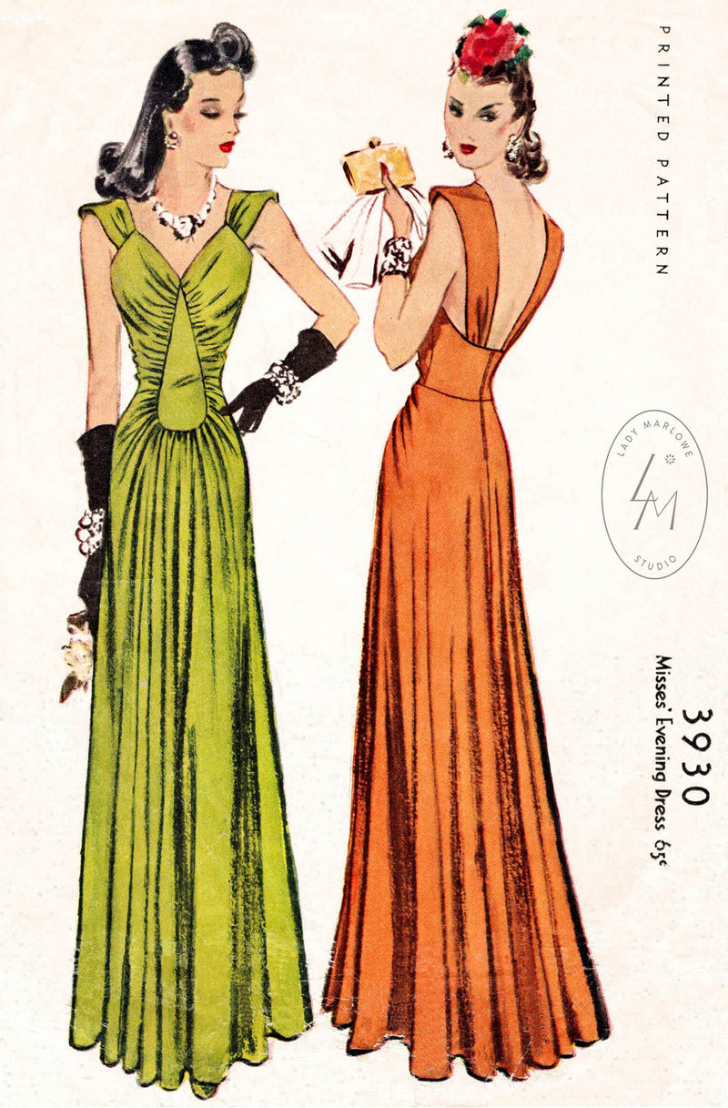 McCall 3930 1940s evening gown film noir style dress vintage sewing pattern reproduction