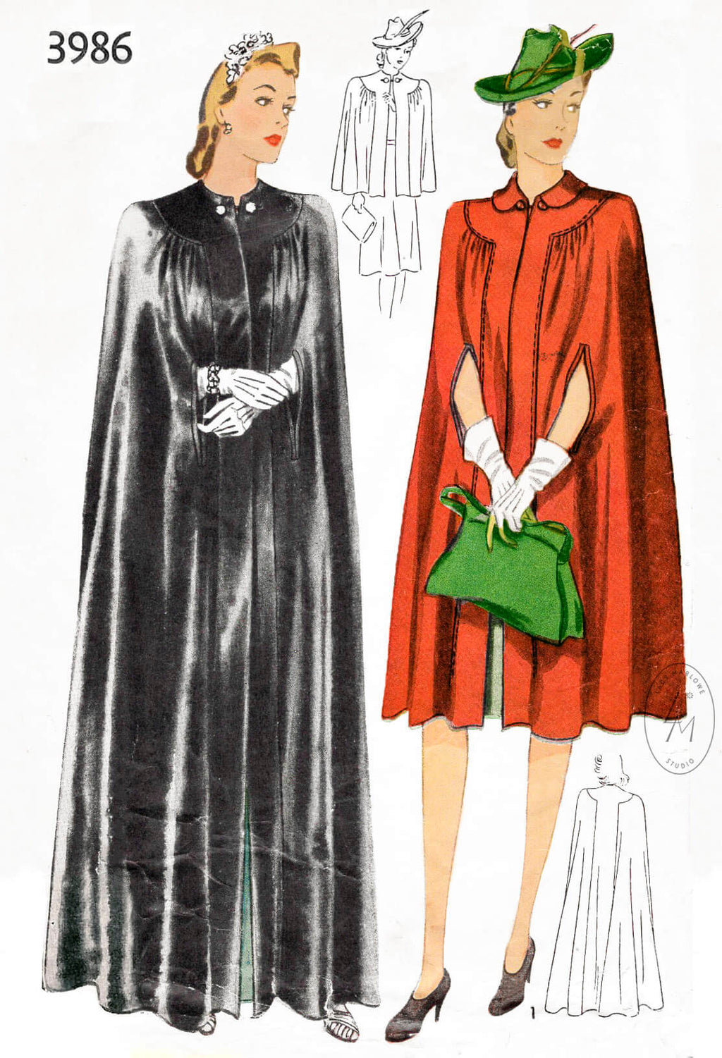 Simplicity 3986 1940s evening opera cape or capelet vintage sewing pattern reproduction