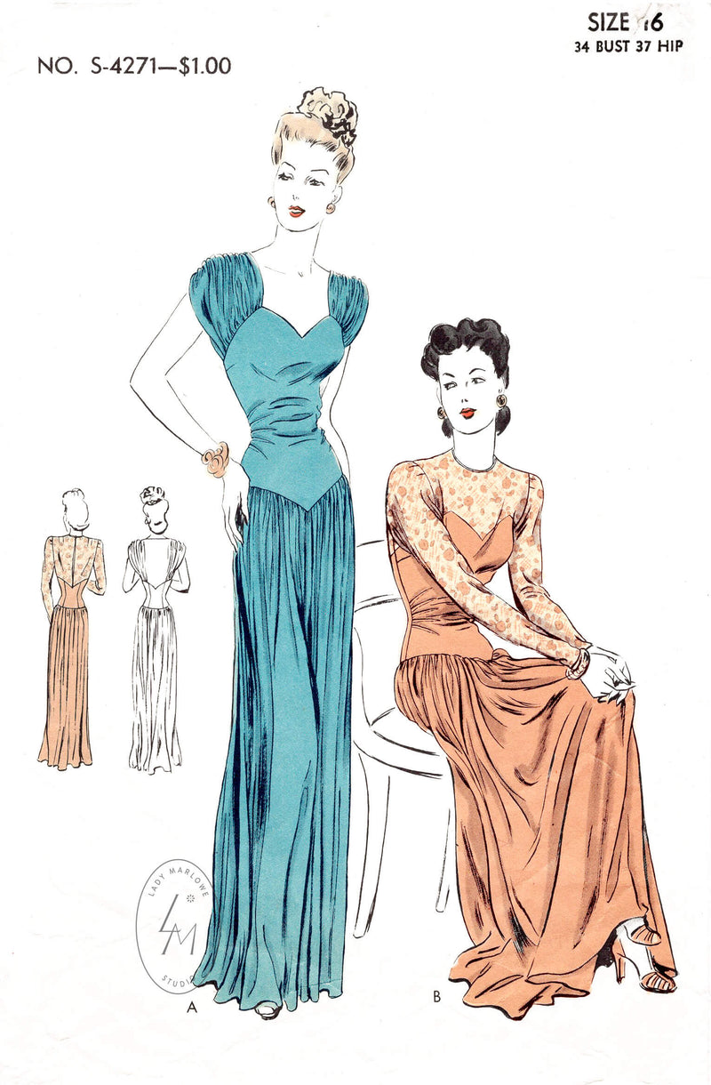 1940s vintage sewing pattern repro film noir dress evening gown in 2 styles Vogue S-4271