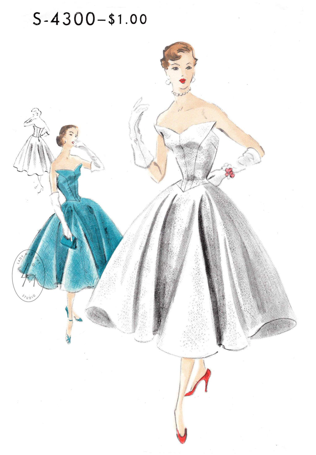 1950s 1953 cocktail evening party dress vintage sewing pattern reproduction strapless bodice V shaped points full skirt Vogue S-4300