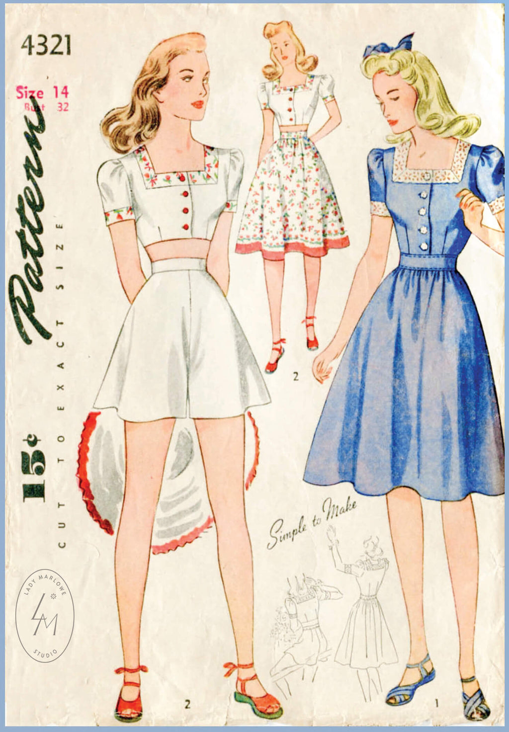 Simplicity 4321 1940s playsuit vintage sewing pattern crop top dress