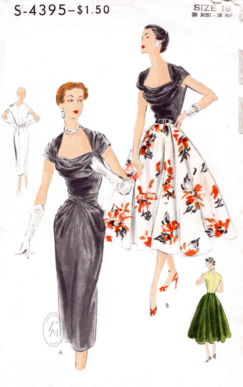 1950s cocktail evening dress Vogue S-4395 portrait neckline wiggle pencil skirt