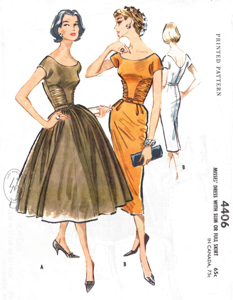 McCall's 4406 1950s 1957 cocktail wiggle dress or full skirt vintage sewing pattern reproduction