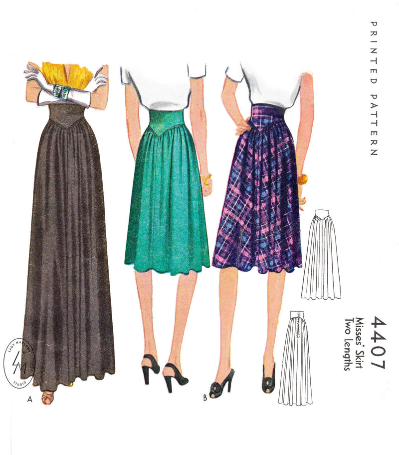 McCall 4407 1940s skirt in 2 styles. Wide yoke waistband daytime or evening length. Vintage sewing pattern reproduction