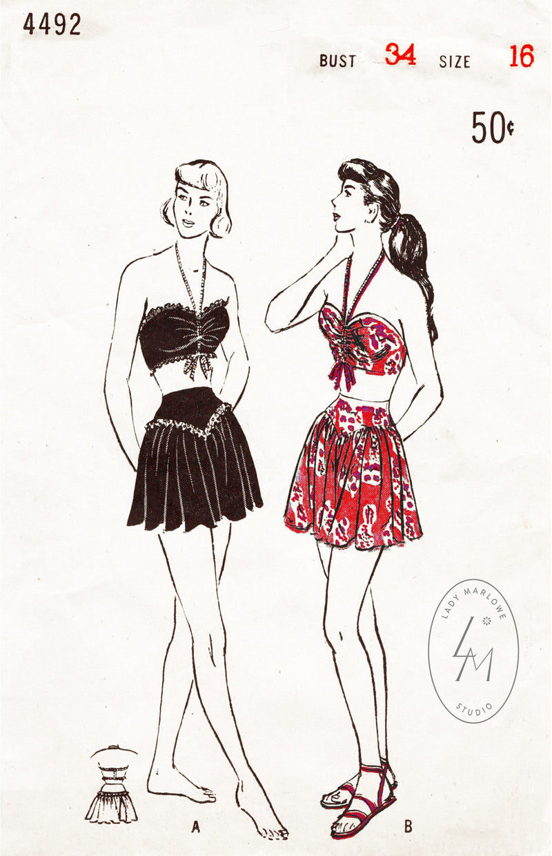 Simplicity 4492 1940s swimwear bikini and skirt vintage sewing pattern 1940 40s
