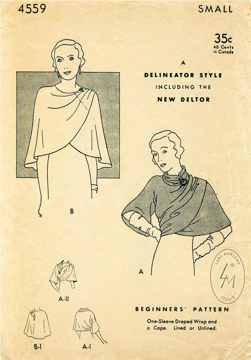 Butterick 4559 1930s shawl draped capelet vintage sewing pattern 1930 30s