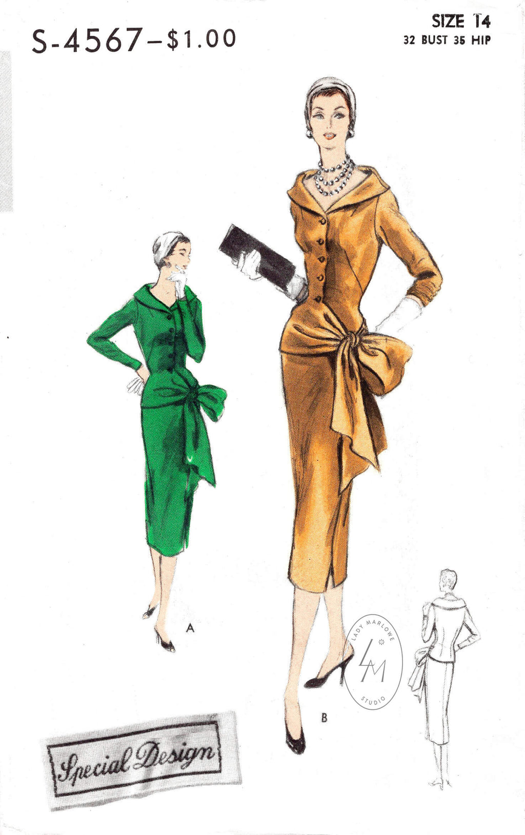 1950s dress vintage sewing pattern reproduction wiggle skirt draped side sash bow Vogue S-4567
