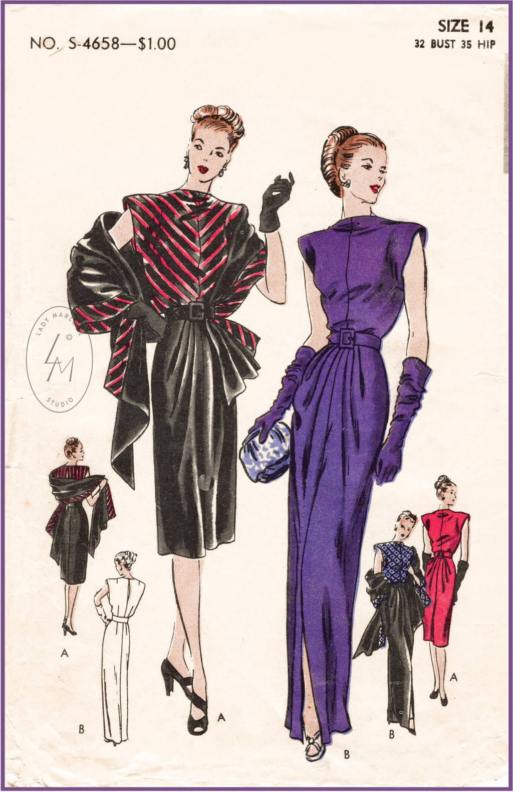 Vogue S-4658 1940s sewing pattern 1940 40s day or evening dress 