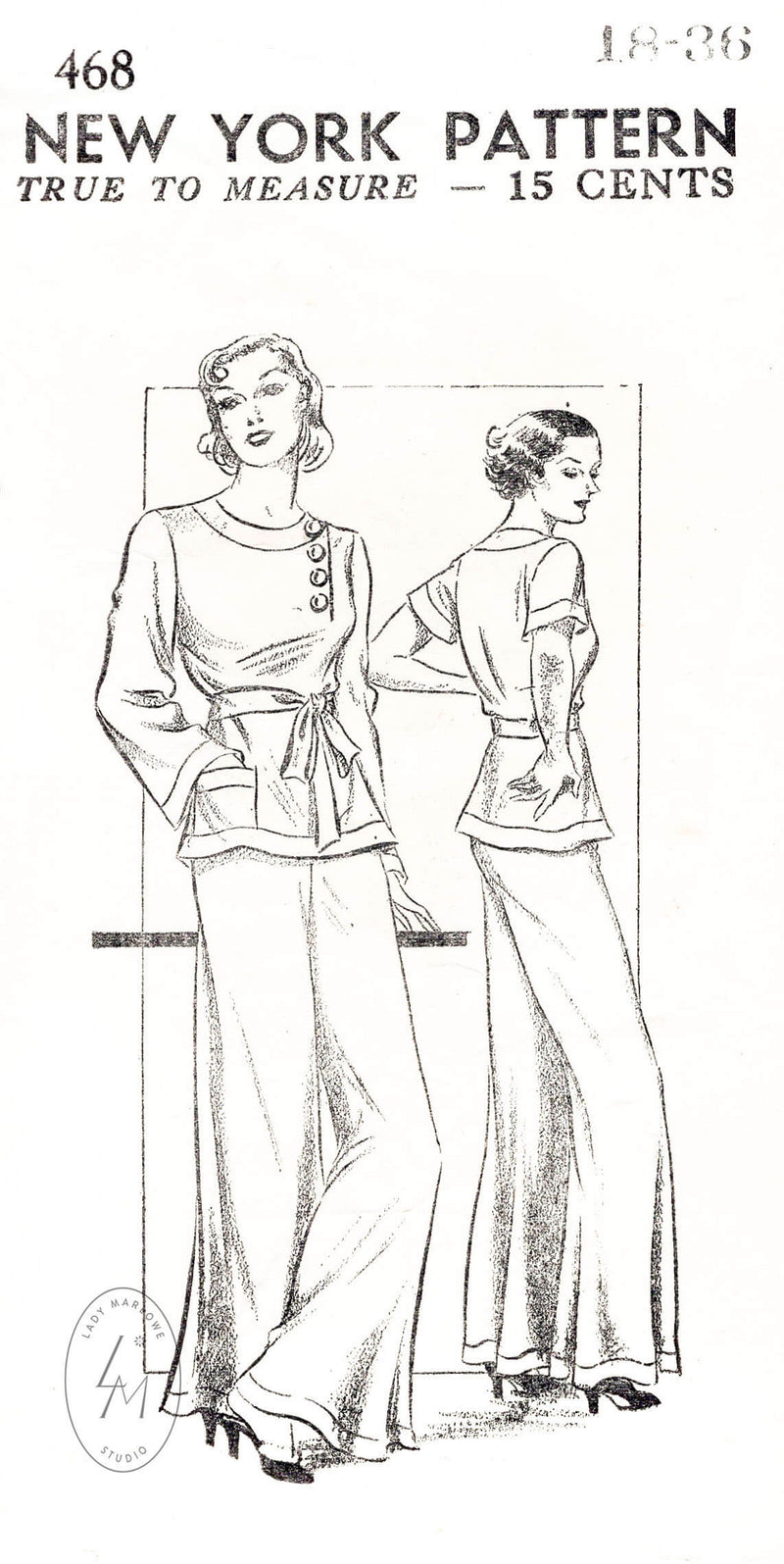 vintage pajama loungewear sewing pattern repro wide leg trousers tunic blouse New York 468