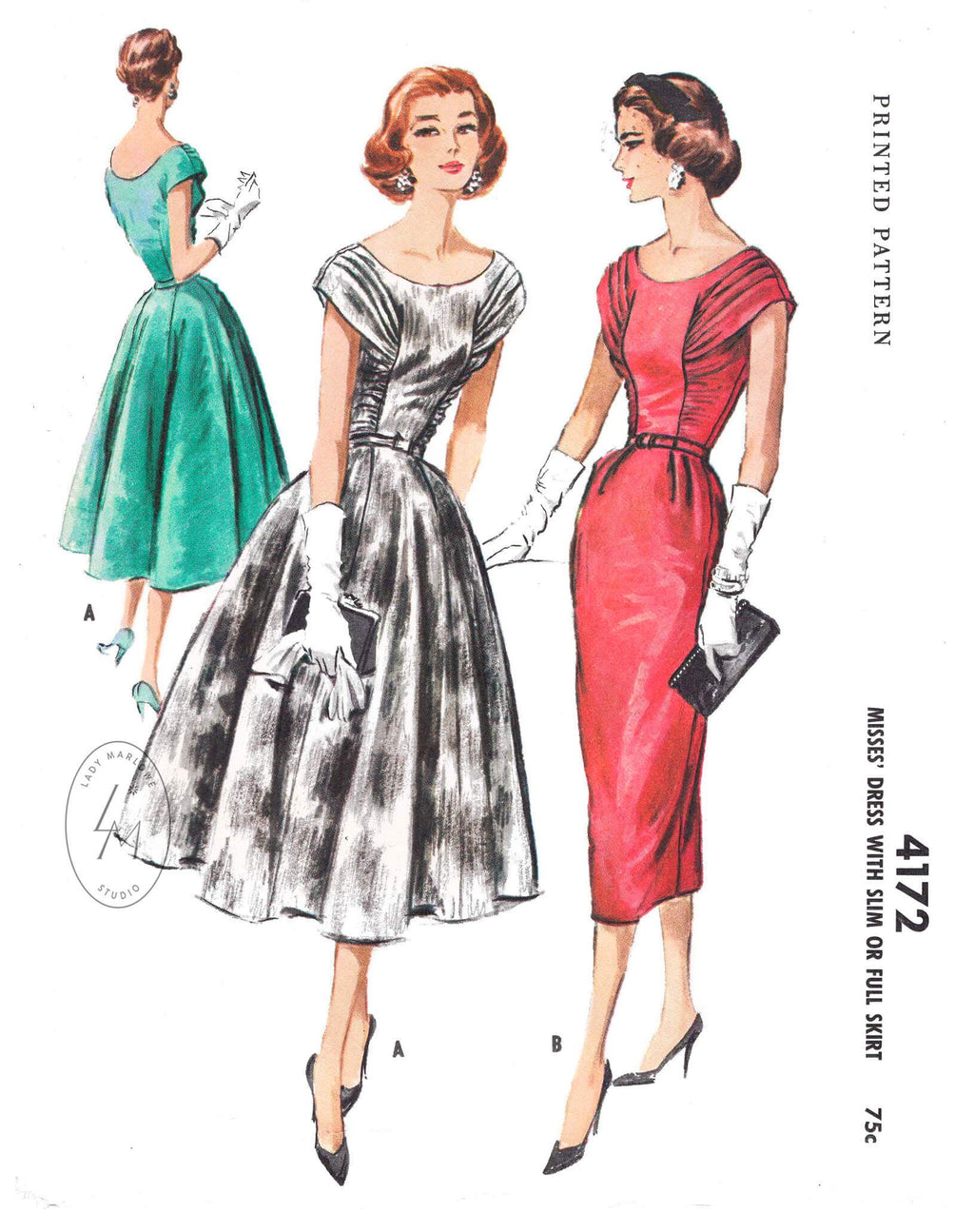McCall's 4172 1950s 50s cocktail party wiggle dress swing skirt pleated cap sleeves ruched seams vintage sewing pattern reproduction 