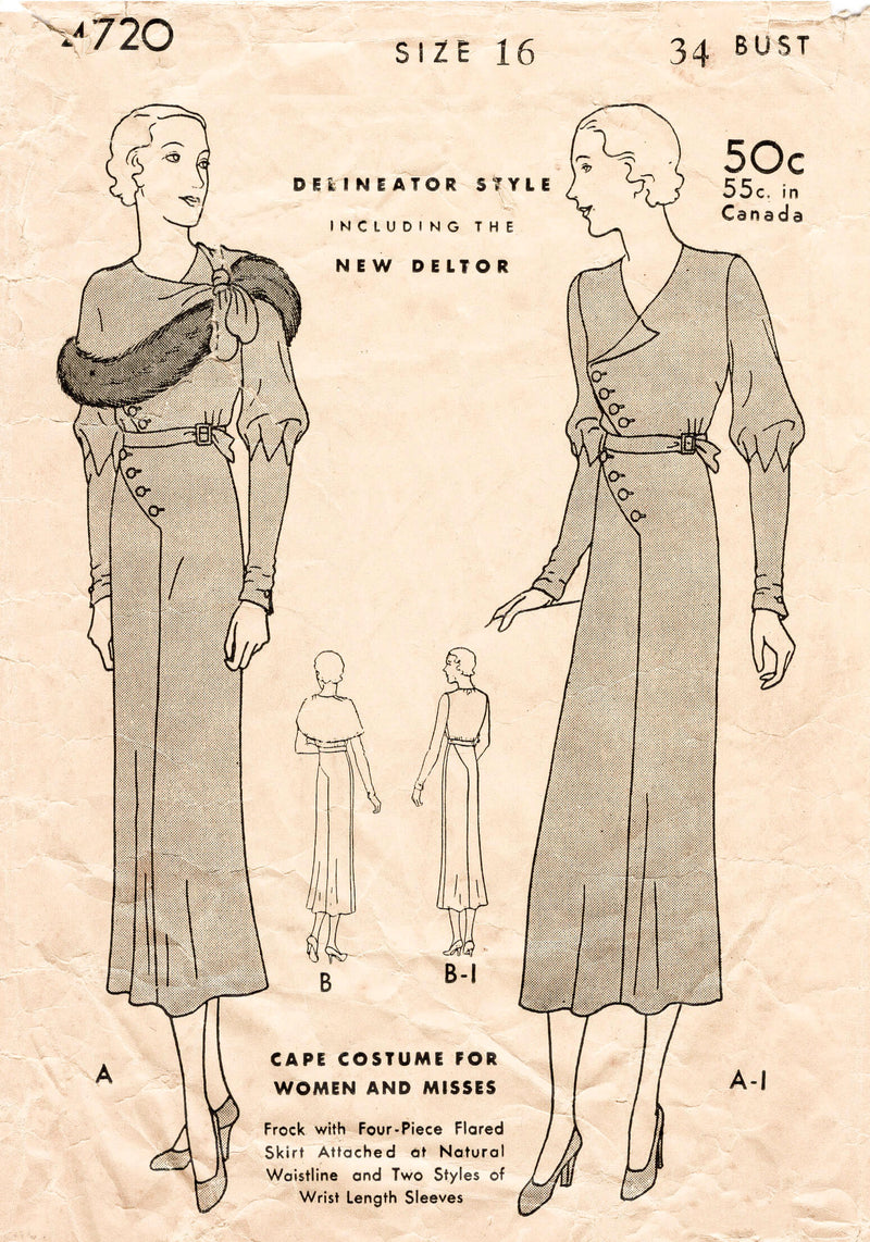 1930s dress vintage sewing pattern reproduction cape capelet Butterick 4720