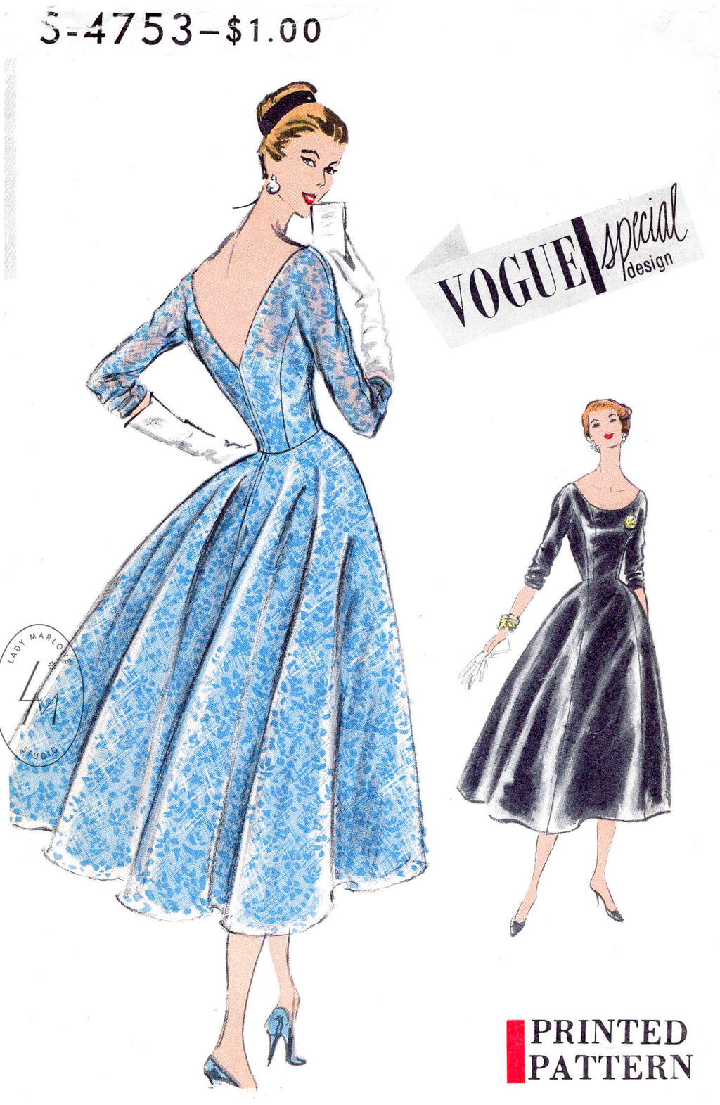 1950s cocktail dress vintage sewing pattern reproduction scoop neck, deep V back, full skirt and petticoat