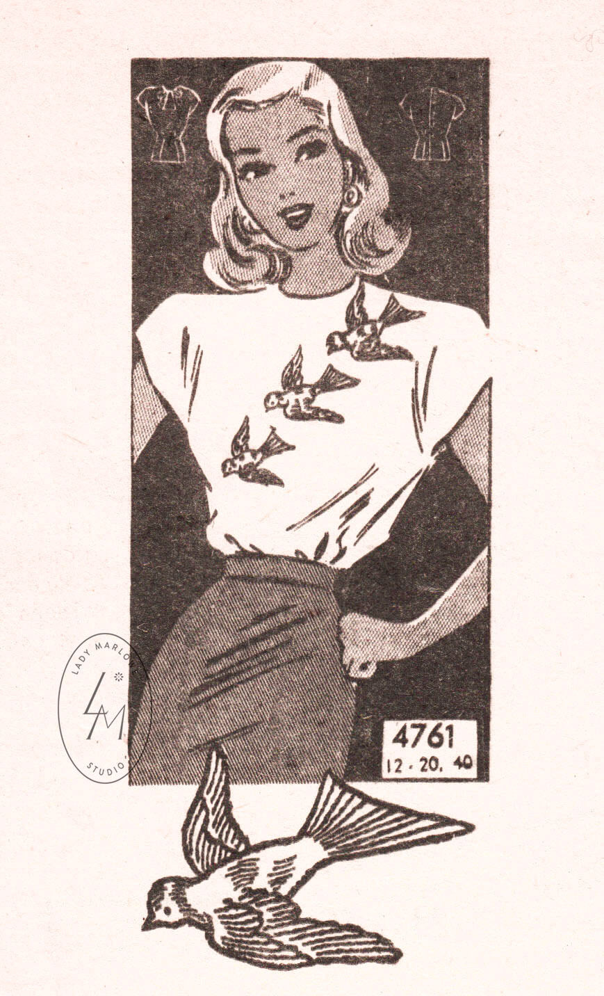 1940s blouse Anne Adams 4761 swallow bird embroidery vintage sewing pattern reproduction