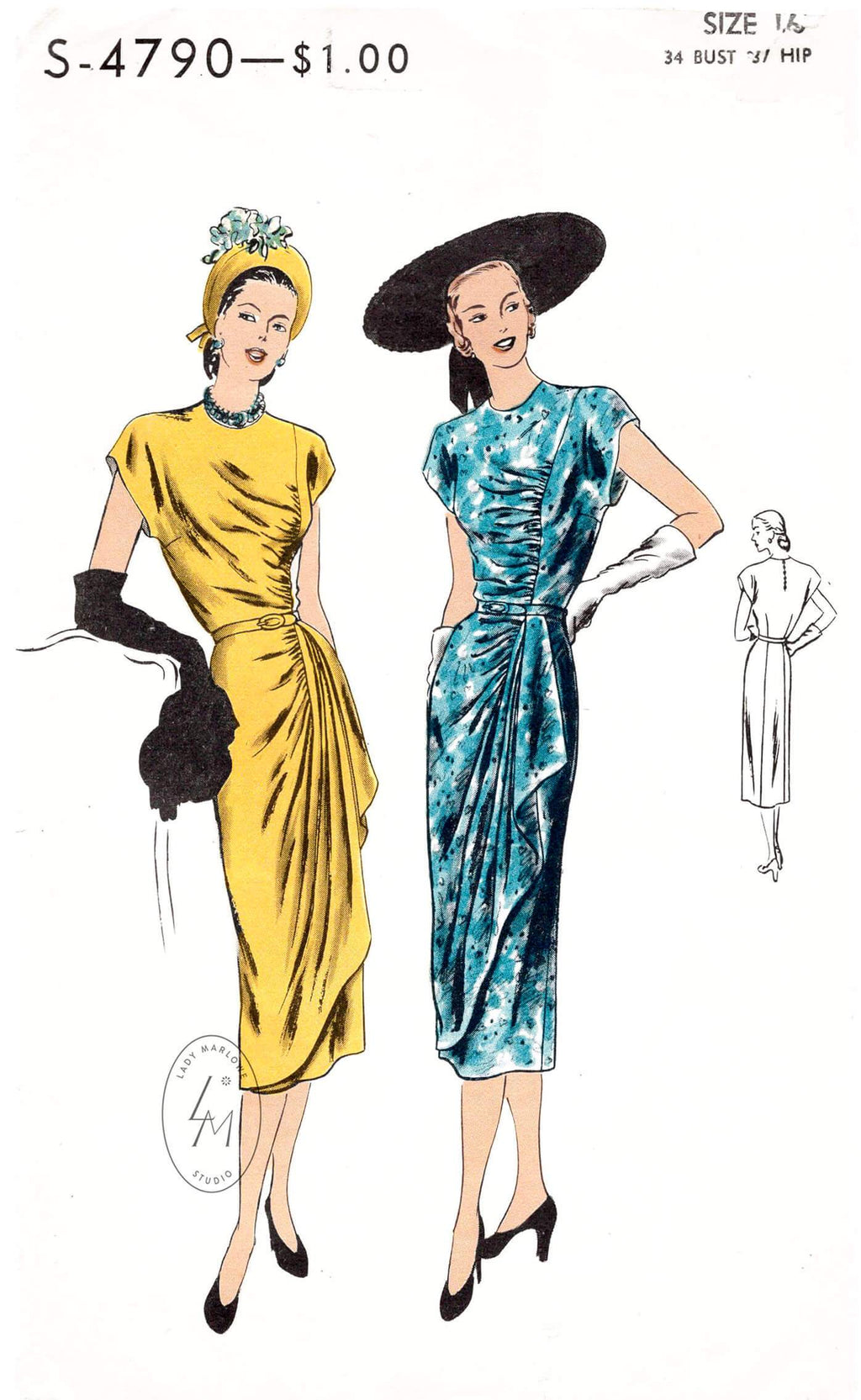 Vogue S-4790 1940s film noir dress with draped skirt front detail vintage sewing pattern repro