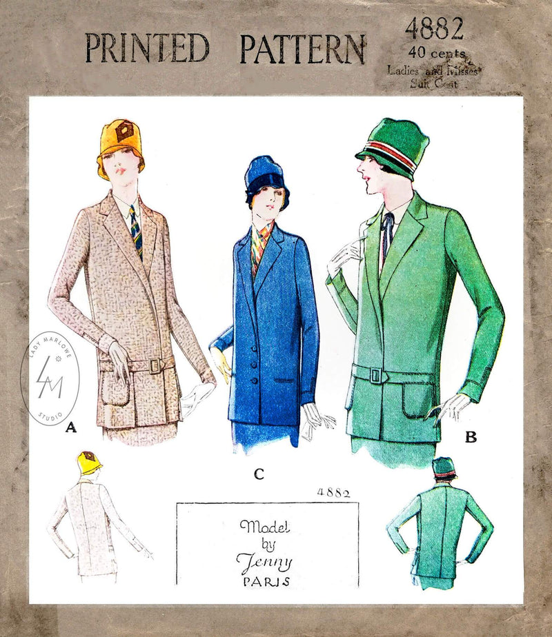 1920s 1927 McCall 4882 flapper era notched collar jacket vintage sewing pattern reproduction