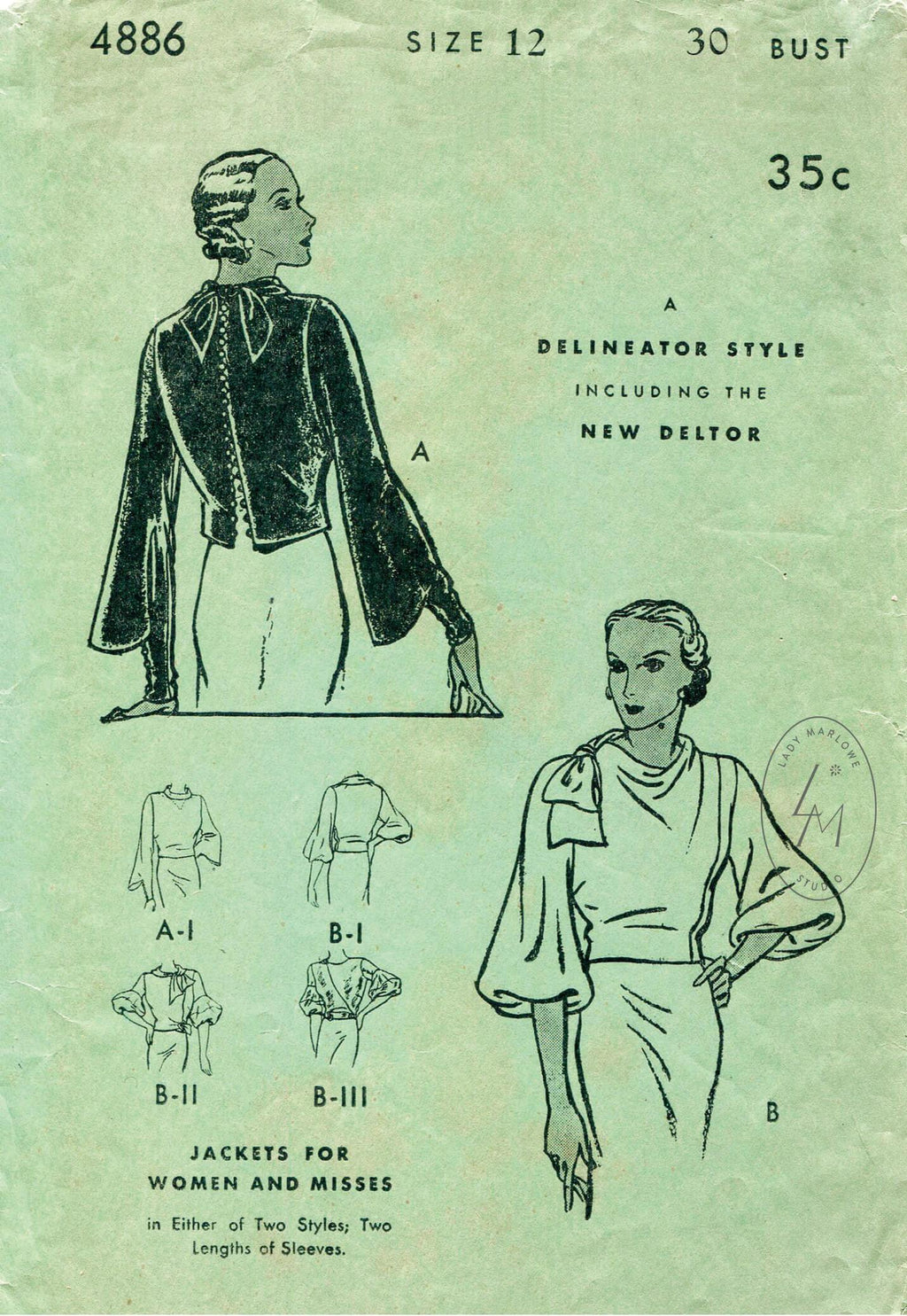 Butterick 4886 1930s blouse vintage sewing pattern 1930 30s