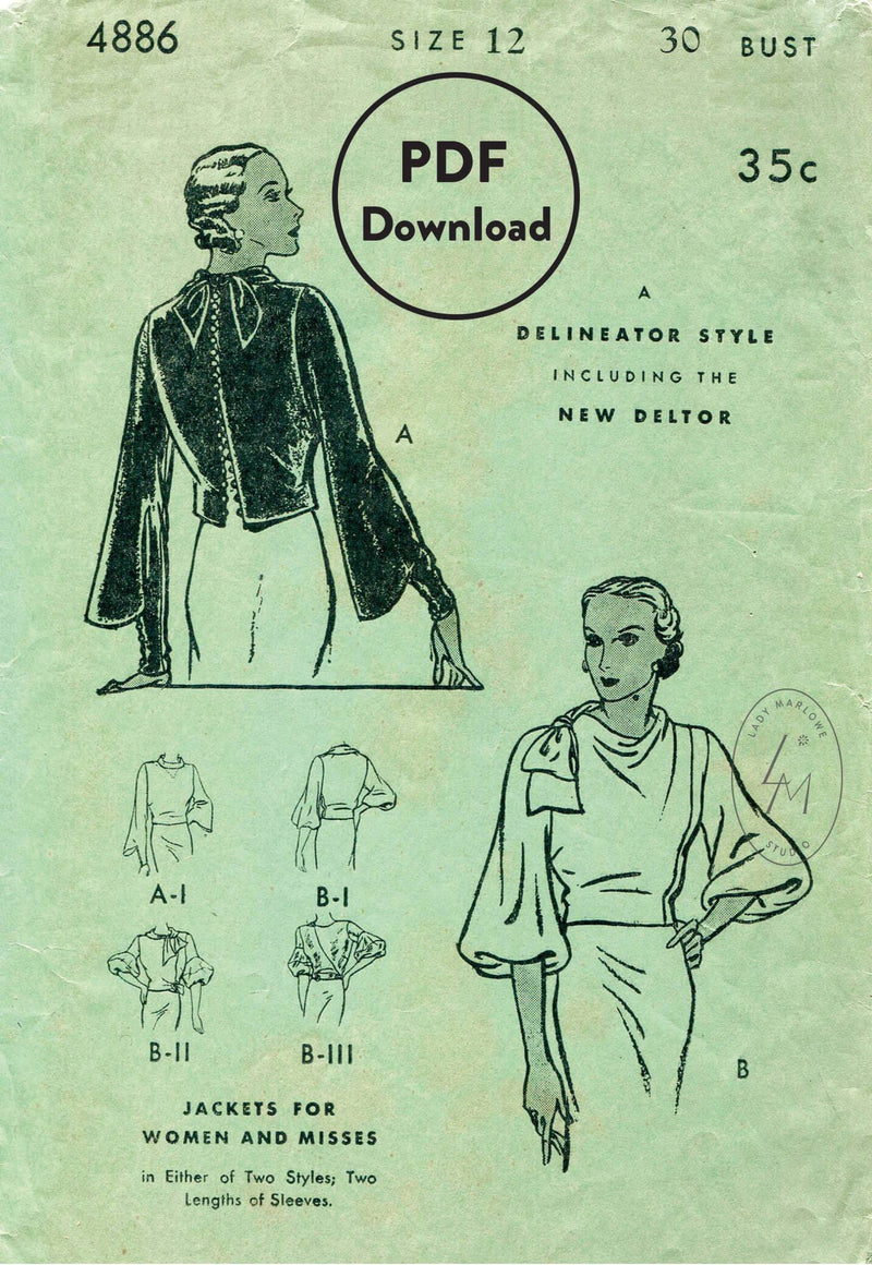 Butterick 4886 1930s blouse vintage sewing pattern 1930 30s PDF download