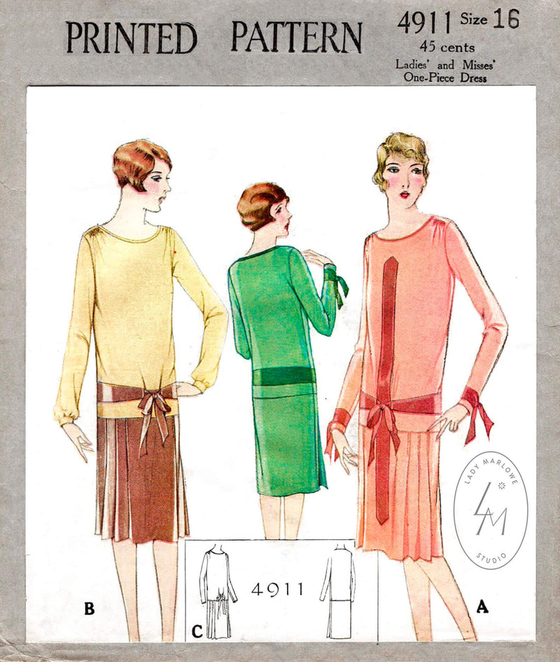 McCall 4911 1920s 1927 flapper dress art deco seam details drop waist ribbon ties vintage sewing reproduction