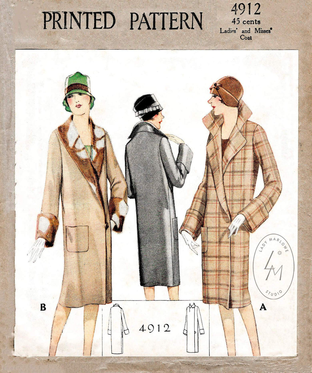 1920s 1927 McCall 4912 winter coat notched or shawl collar vintage sewing pattern reproduction