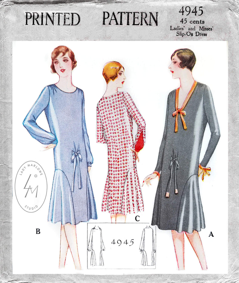 1920s 1927 McCall 4945 flapper era party dress drop waist flounce skirt shirring detail vintage sewing pattern reproduction