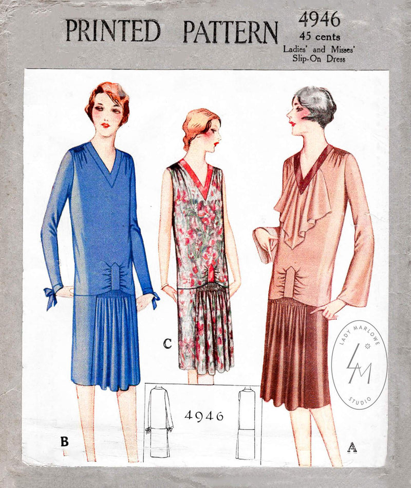 1920s 1927 McCall 4946 flapper dress shirring drop waist jabot collar vintage sewing pattern reproduction