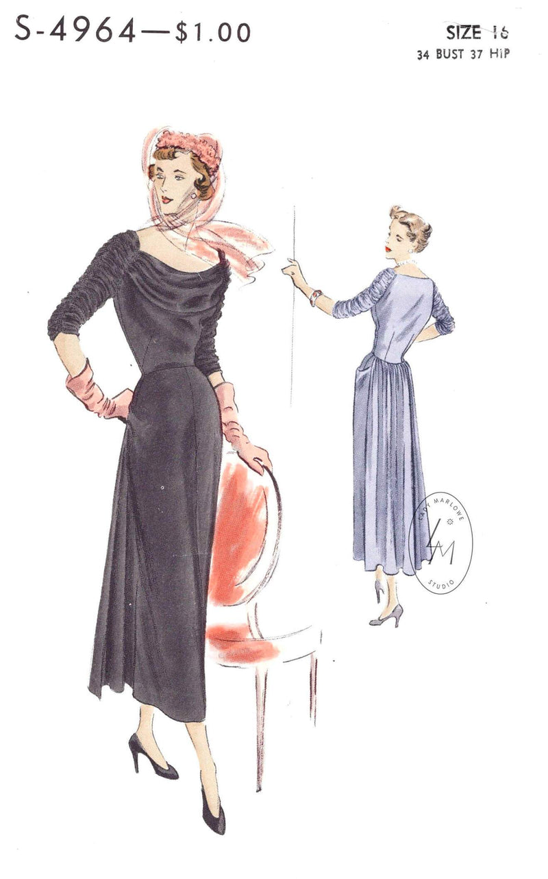 1940s 1950s Vogue S-4964 afternoon or cocktail dress wide draped neckline vintage sewing pattern repro