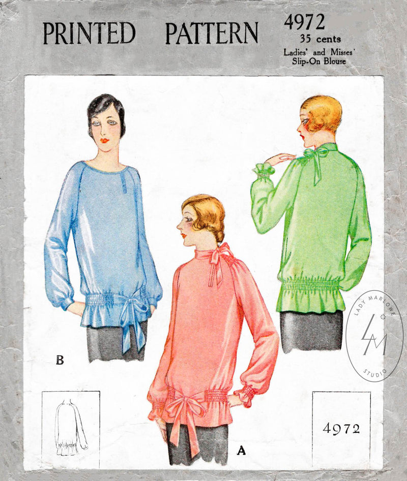 McCall 4972 1920s 1927 flapper era blouse drop waist shirring detail raglan sleeves vintage sewing pattern reproduction