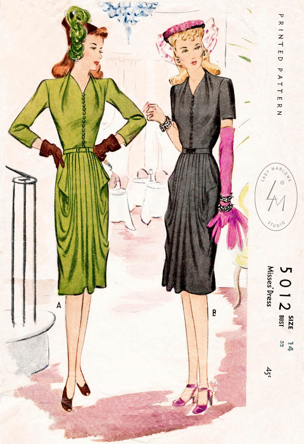 McCall 5012 1940s dress draped tulip skirt vintage sewing pattern