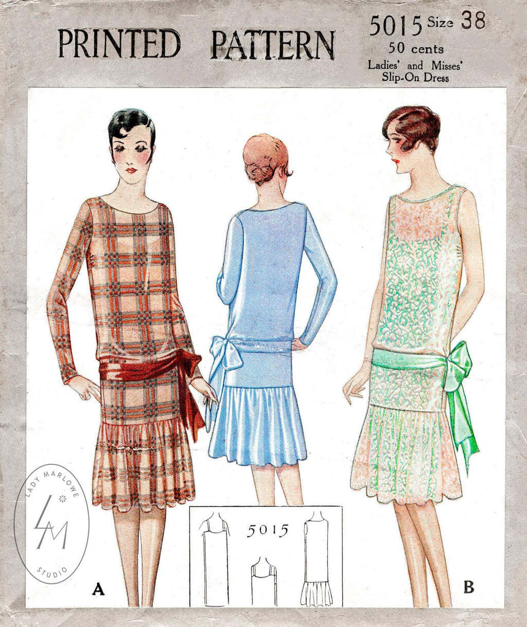 McCall 5015 1920s 1927 flapper dress drop waist sash bow ribbon tie vintage sewing pattern repro