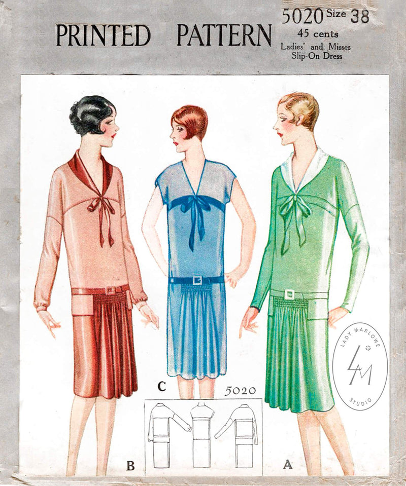1920s McCall 5020 drop waist flapper dress vintage sewing pattern French & English reproduction
