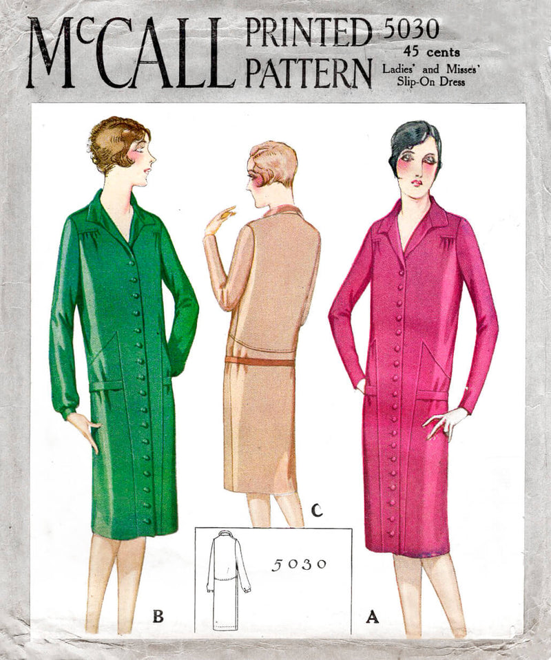 1920s 1927 McCall 5030 drop waist dress button down shirt dress pointed collar vintage sewing pattern reproduction