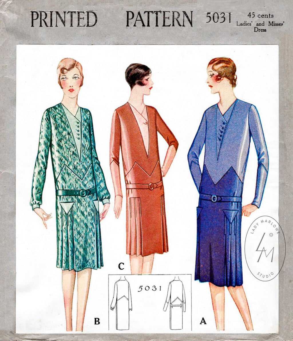 1920s 1927 McCall 5031 flapper era dress zig zag seam drop waist style vintage sewing pattern reproduction