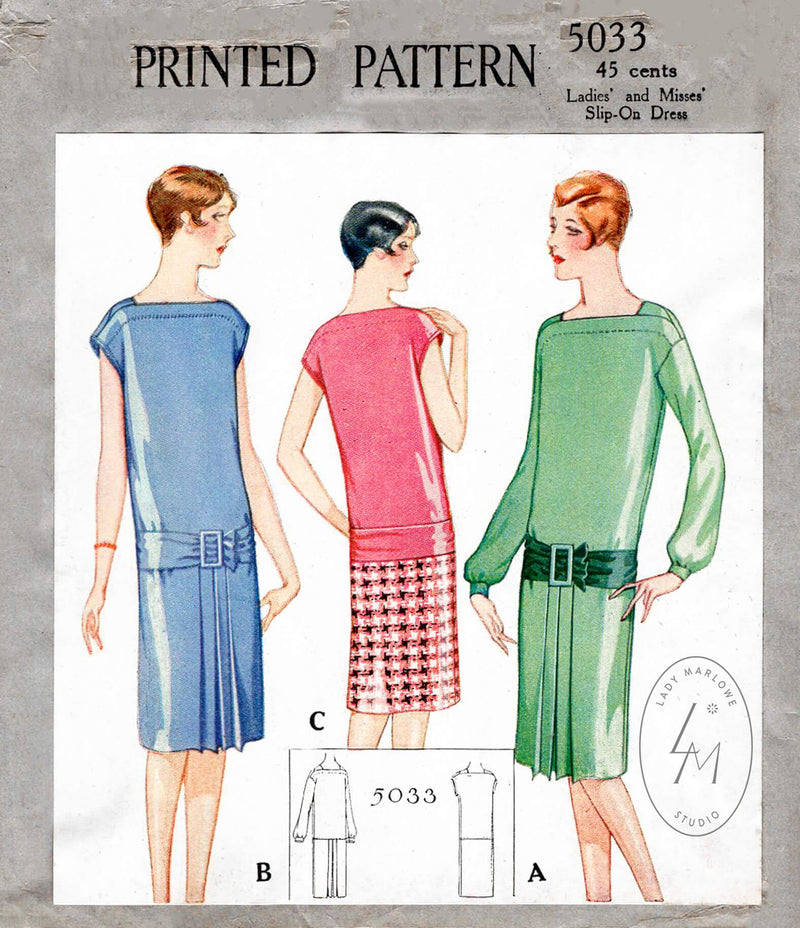 1920s 1927 McCall 5033 vintage sewing pattern drop waist slip on dress bateau neckline French & English reproduction