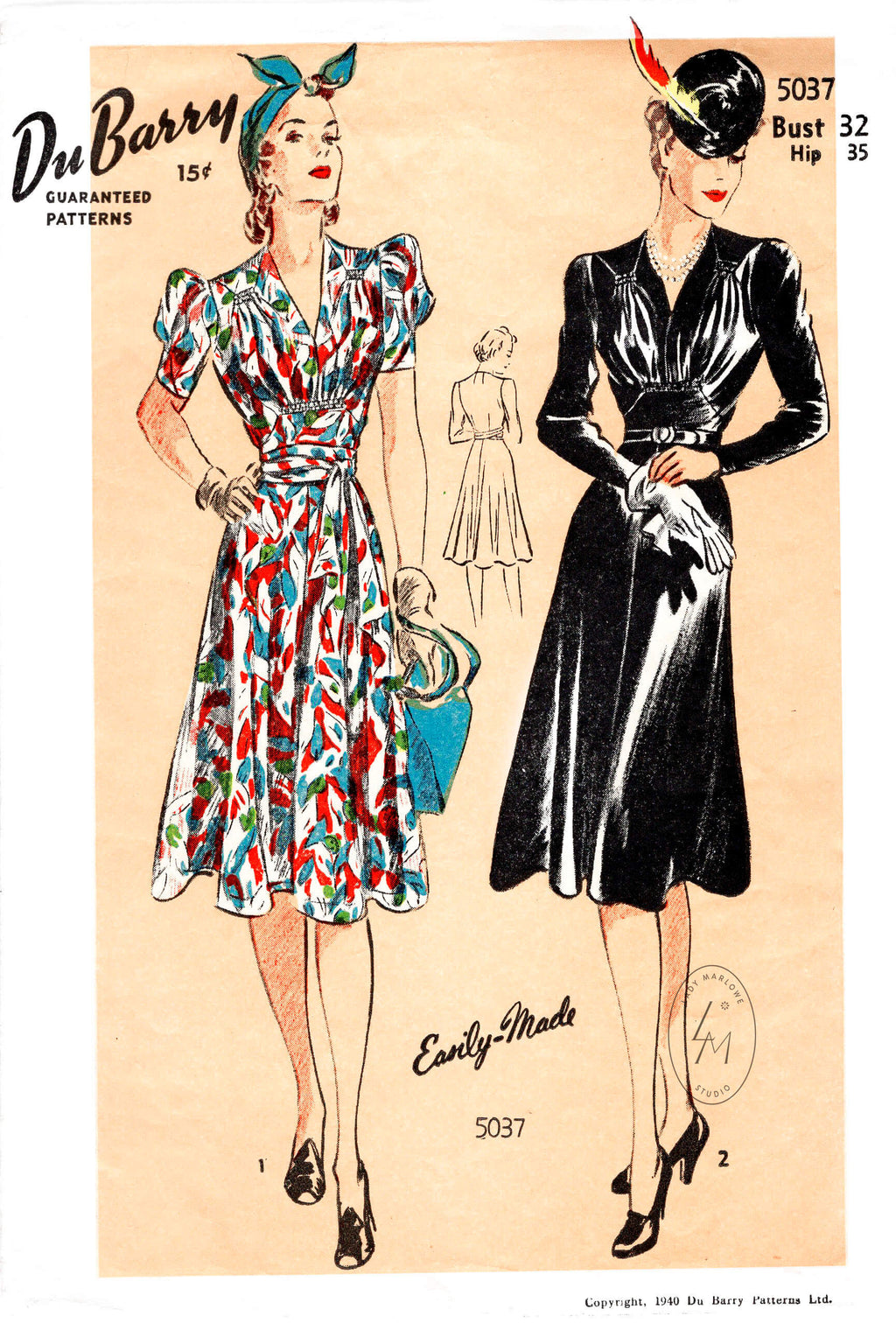 DuBarry 5037 vintage sewing pattern 1940s day or afternoon dress shirring detail repro
