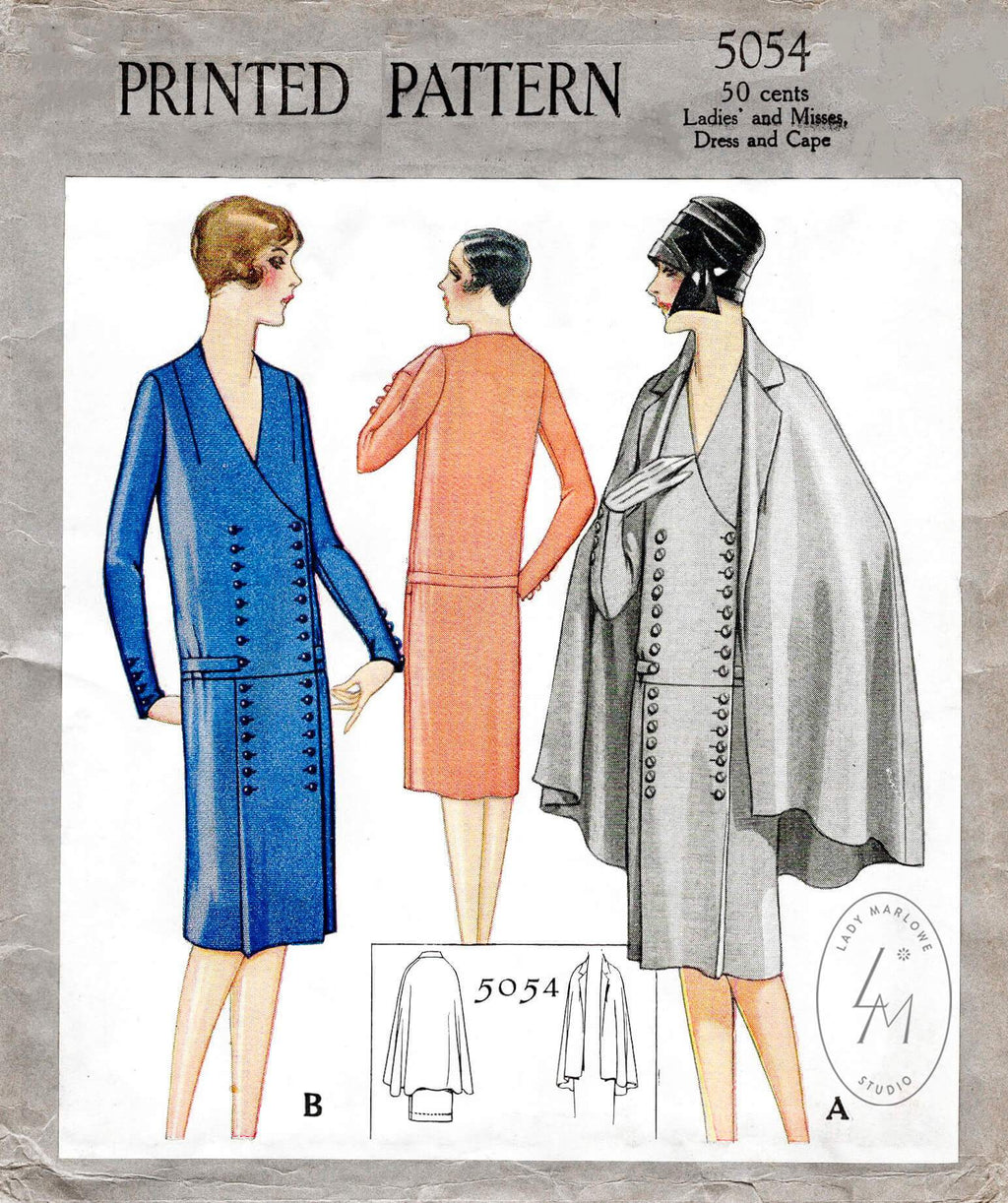 1920s 1927 McCall 5054 drop waist dress & cape vintage sewing pattern reproduction