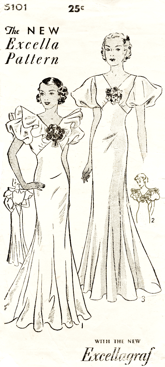 Excella 5101 1930s evening gown flutter sleeves vintage sewing pattern reproduction