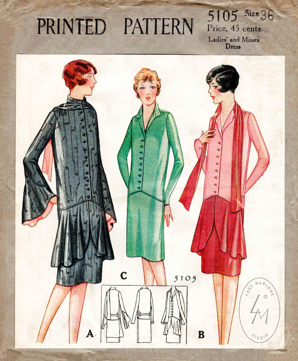 McCall 5105 1920s 1927 flapper dress bell shaped sleeves detachable scarf vintage sewing pattern reproduction
