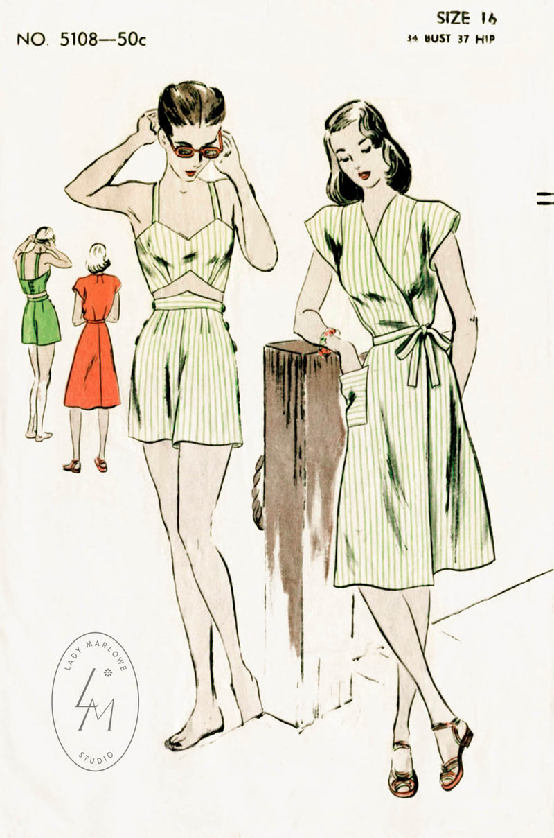 Vogue 5108 1940s beachwear wrap dress bikini bra high waist shorts vintage sewing pattern