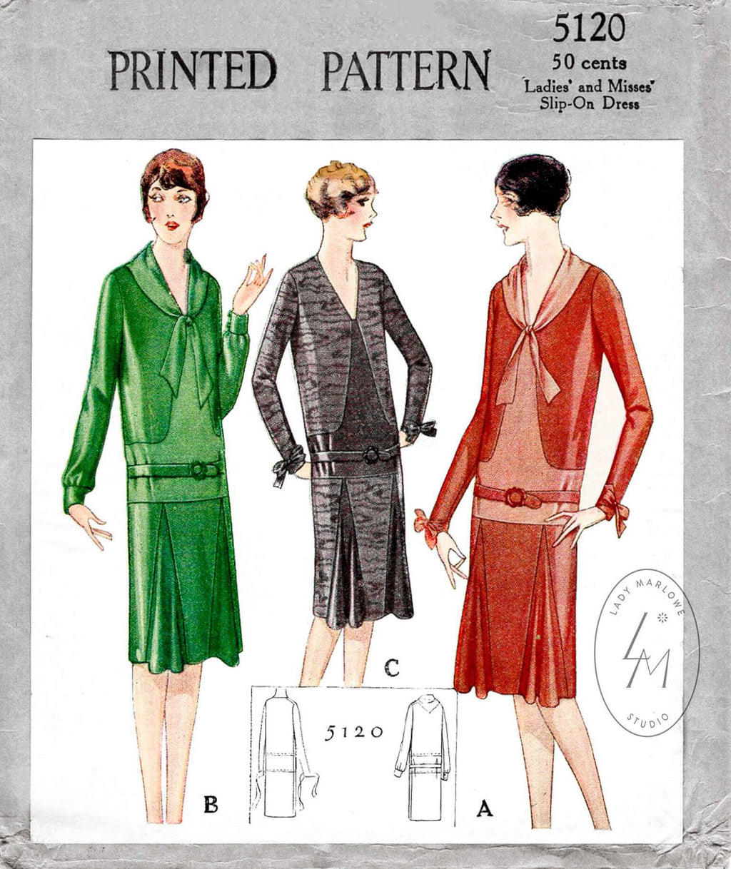 McCall 5120 1920s 1927 flapper dress tie collar drop waist style vintage sewing pattern reproduction
