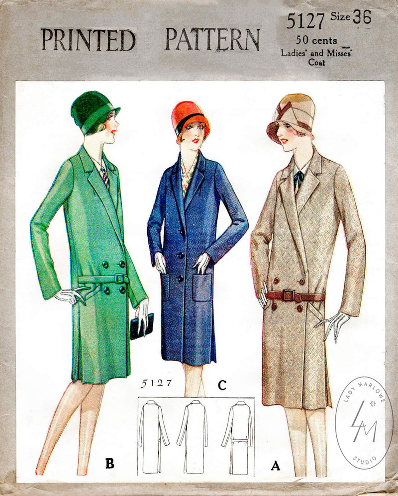 McCall 5127 1927 1920s flapper coat double or single breasted drop waist vintage sewing pattern reproduction