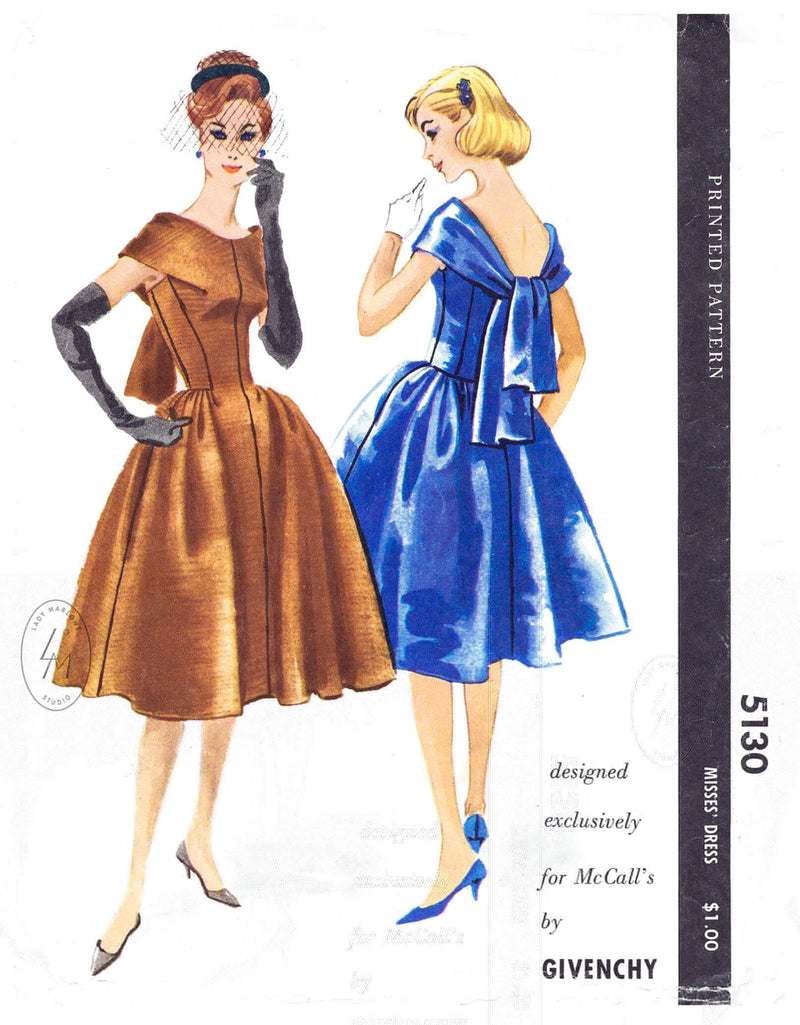 1950s 1959 McCall's 5130 Givenchy designer vintage sewing pattern cocktail dress bouffant skirt scarf neckline reproduction