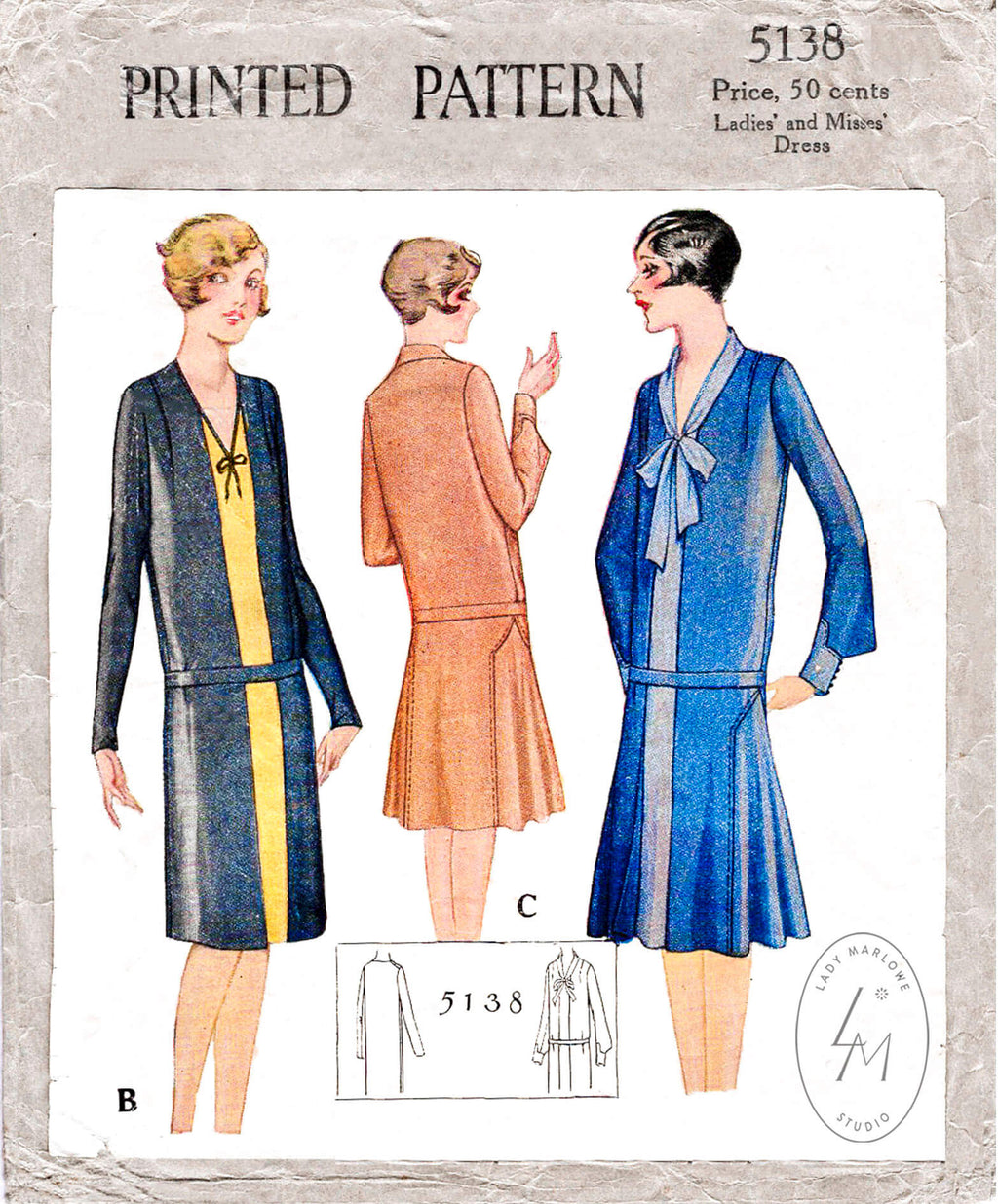 1920s 1928 McCall 5138 drop waist flapper dress flounce skirt tie collar vintage sewing pattern reproduction