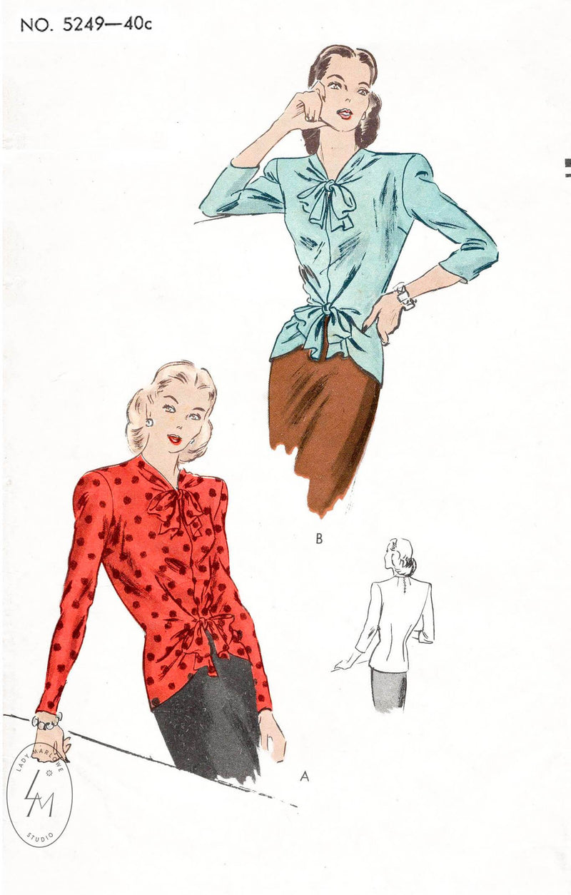 1940s Vogue 5249 1944 day or evening blouse with draped bow detail vintage sewing pattern repro