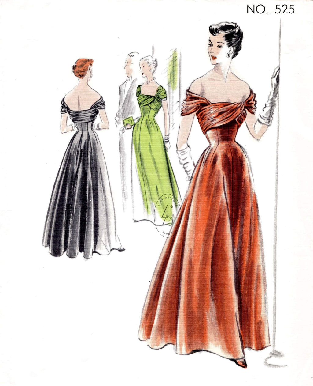 1940s 1950s evening dress ball gown Vogue Couturier 525 bardot neckline grecian drape full skirt vintage sewing pattern reproduction