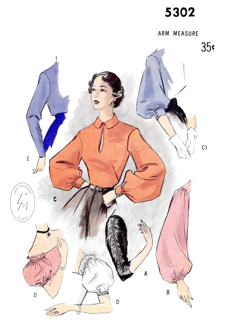 1950s 50s set of sleeves in 6 styles vintage sewing pattern reproduction bishop sleeve off shoulder puff sleeve ruching detail Butterick 5302