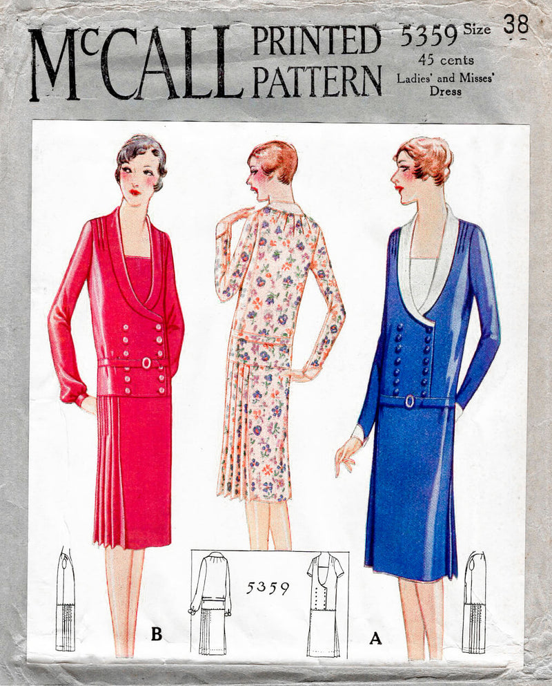 1920s 1927 McCall 5359 flapper era drop waist dress double breasted bodice shawl collar vintage sewing pattern reproduction