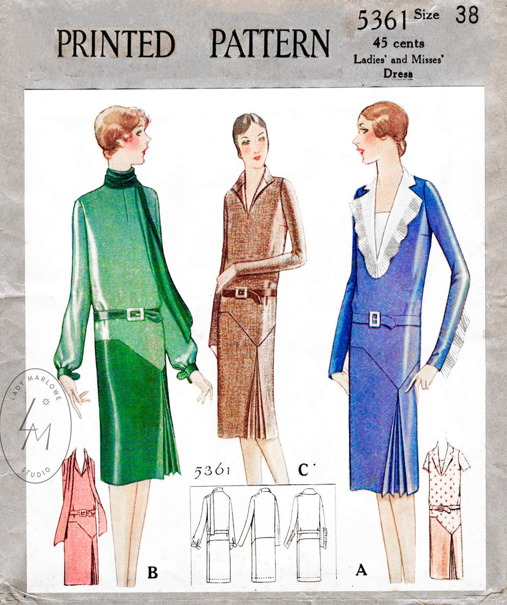McCall 5361 1920s 1928 scarf collar art deco vintage dress sewing pattern reproduction