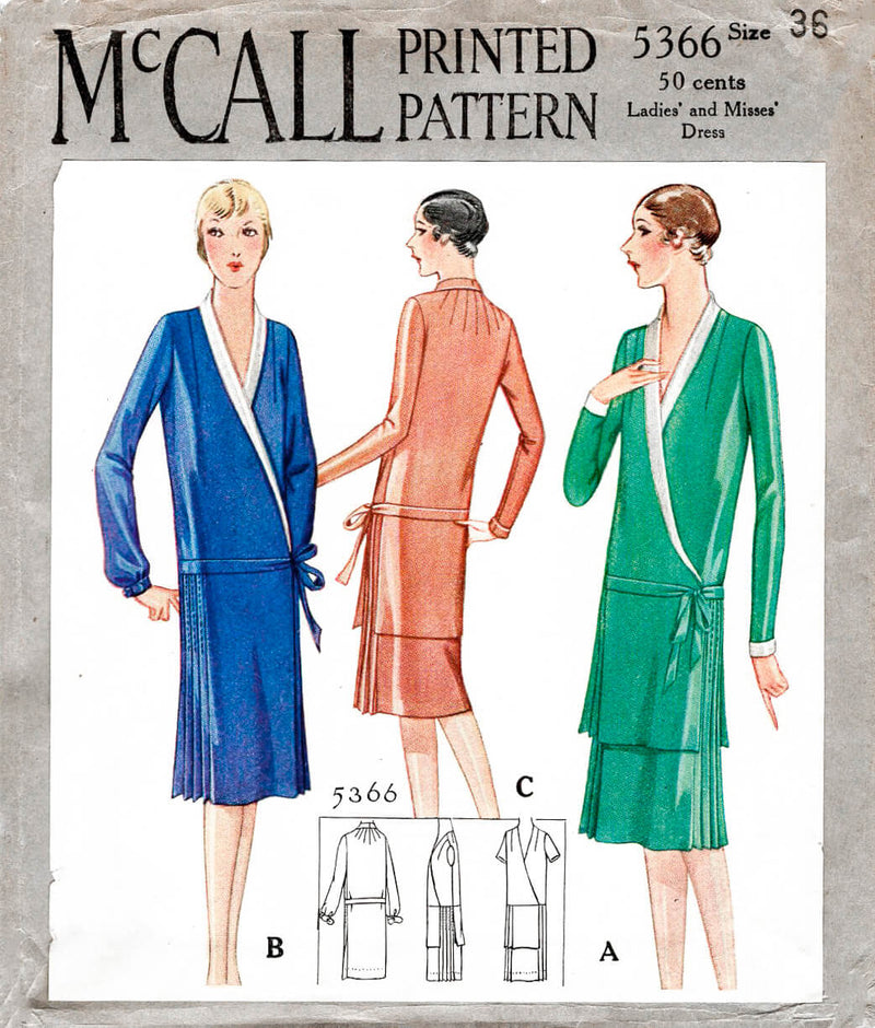 1920s 1928 McCall 5366 wrap dress shawl collar drop waist knife pleats vintage sewing pattern reproduction